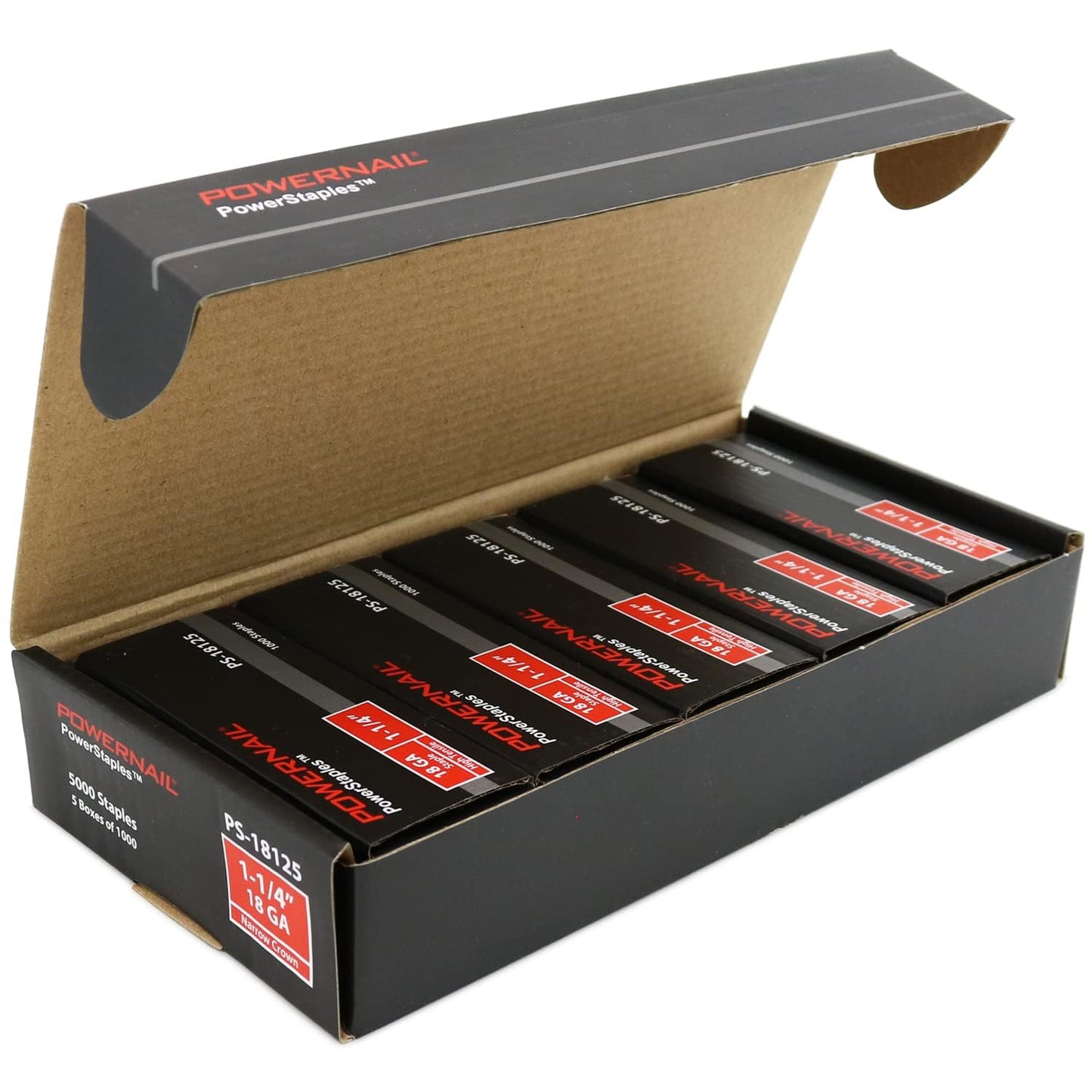 Powernail PS18125 18 Gauge 1/4 Inch Narrow Crown Staples, 1-1/4 Inch Length Heavy Duty Galvanized Chisel Point Staples for Electric or Pneumatic Narrow Crown Stapler Guns (Case, 6 Boxes of 5,000)
