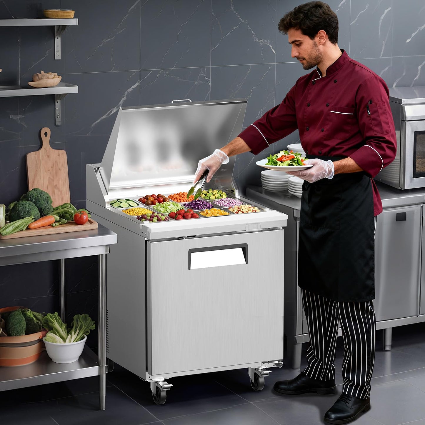 ROVSUN 29" W Sandwich Salad Prep Table Refrigerator ETL NSF, 7.6 Cu.Ft Commercial Refrigerator Salad Bar Stainless Steel w/12 Pans Cutting Board Lockable Wheels Front Door for Restaurant