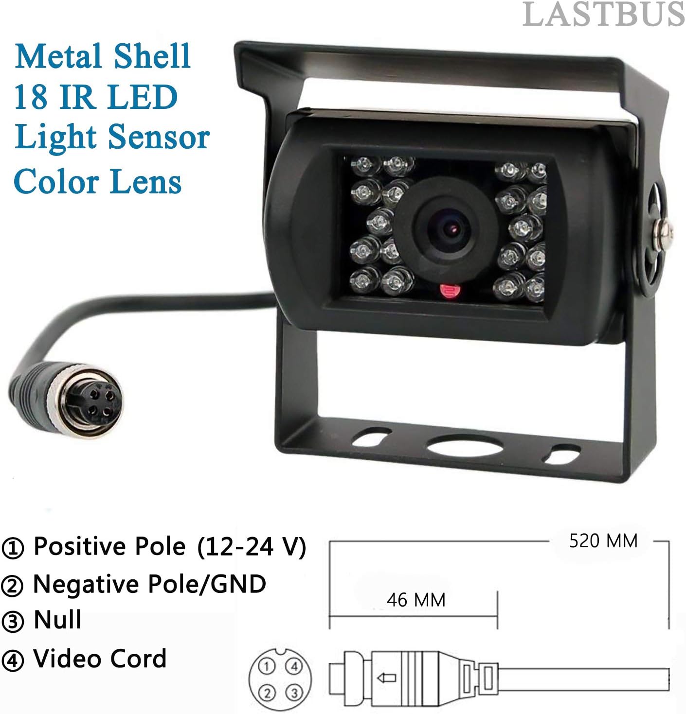 LASTBUS 4 GX12-4 Backup Camera, Reversing Camera, Waterproof Night Vision Wide View Angle Rear View Camera with Pin