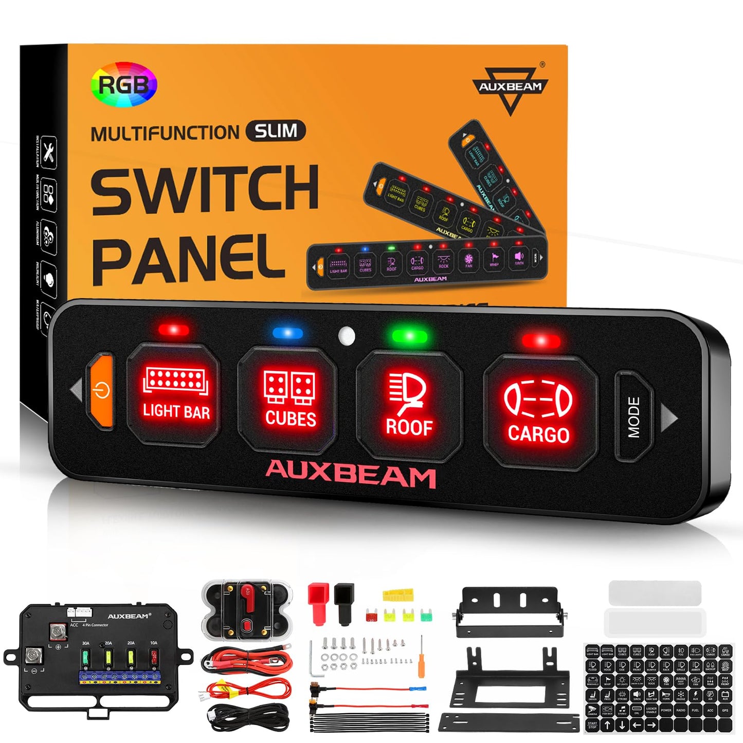 Auxbeam 4 Gang Slim Switch Panel RGB AS-R40 Automatic Dimmable Switch Panel with Toggle Momentary Pulsed Off Backlight Unique Patented Design Control Panel for Truck Offroad Boat, 3-Year Warranty