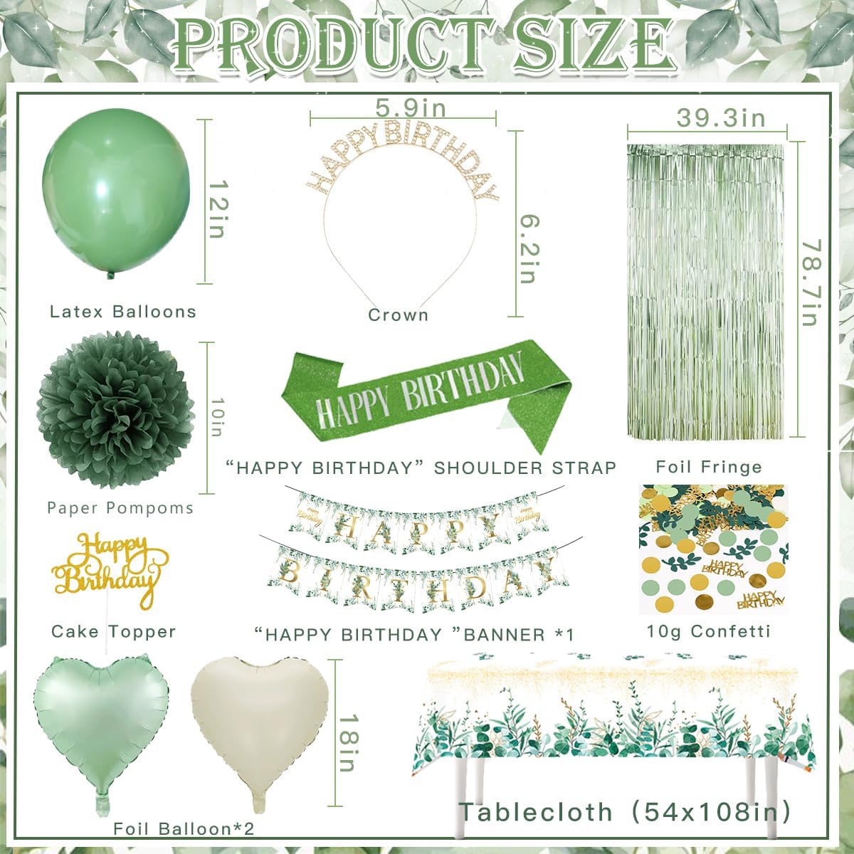 Sage Green Birthday Decorations Set - Balloons, Banner, Pom Poms & Crown for Boho Parties