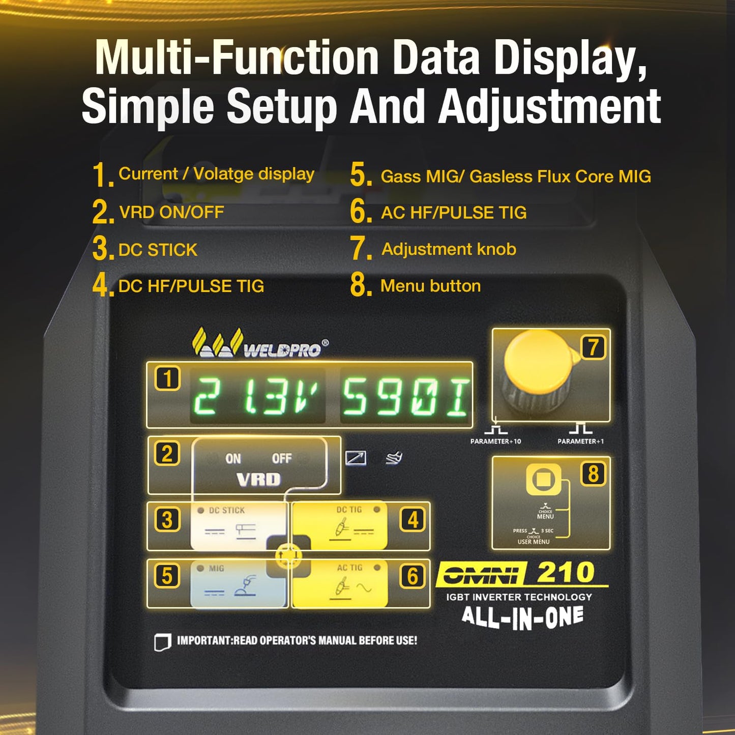 Weldpro Omni210 MIG Welder 200A Multi-Process Welder 110V/220V,Synergic MIG/Flux Core/Stick/Spool Gun/AC/DC HF TIG with Pulse,6-in-1 Frequency Control Welding Machine with Standard TIG Torch,VRD