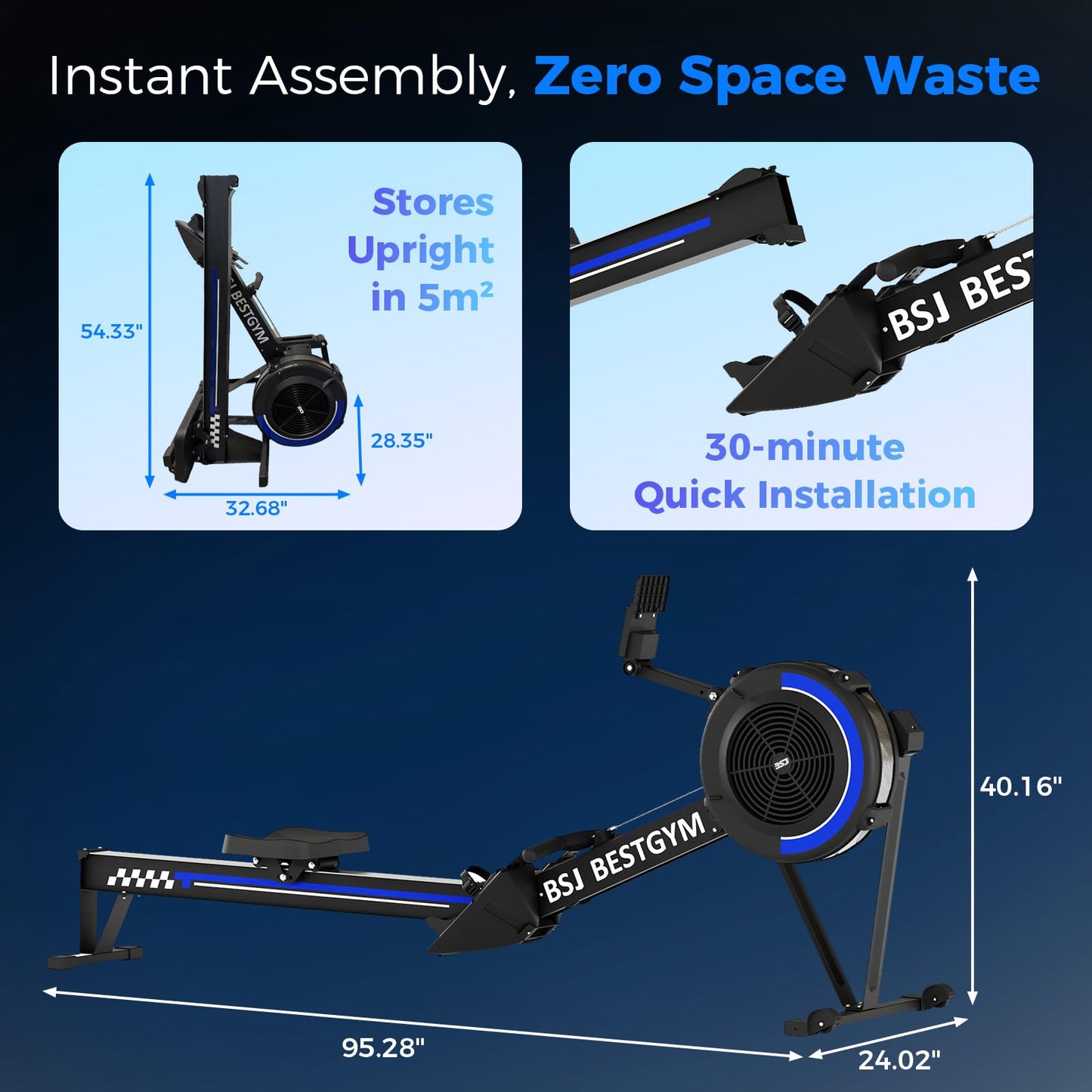 Rowing Machines for Home, Adjustable Air Resistance Rower Machine with Extra Long Rail, Ergonomic Comfort Seat, Device Holder, Easy Storage