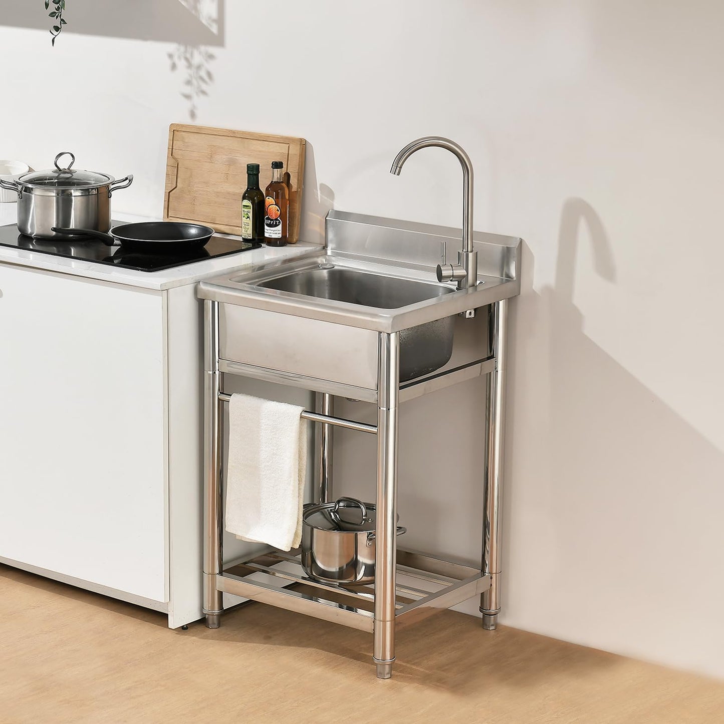 Bokaiya Stainless Steel Utility Sink, Free Standing Small Stainless Steel Sink with Faucet Laundry Room Sink 16 Gauge Single Bowl Outdoor Commercial Garage Sink (19"D x 23"W x 38"H)
