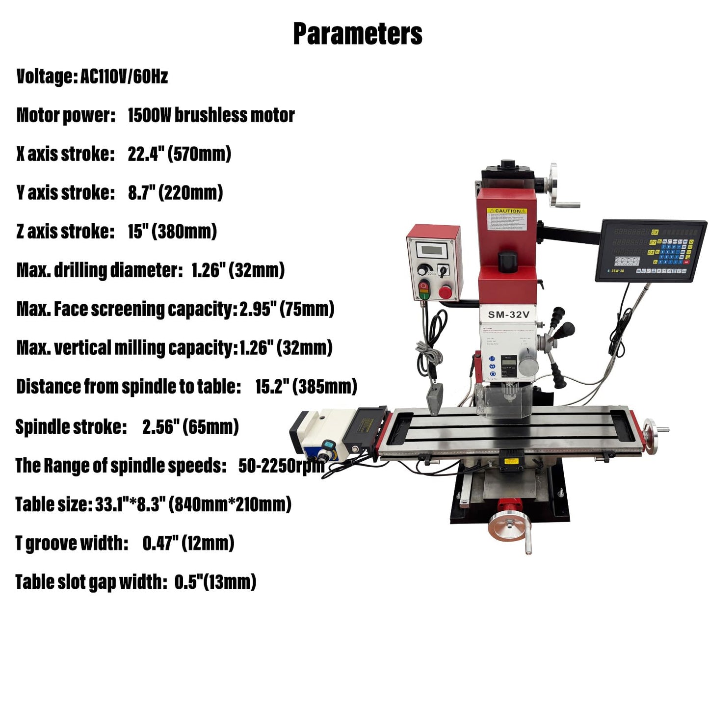 WYDDDARY 110V Mini Precision Milling and Drilling Machine 2HP Brushless, with 33.1"×8.3" Work Table, R8 Spindle 50-2250RPM, X-Axis Power Feed & 3-Axis DRO for Metal Wood DIY