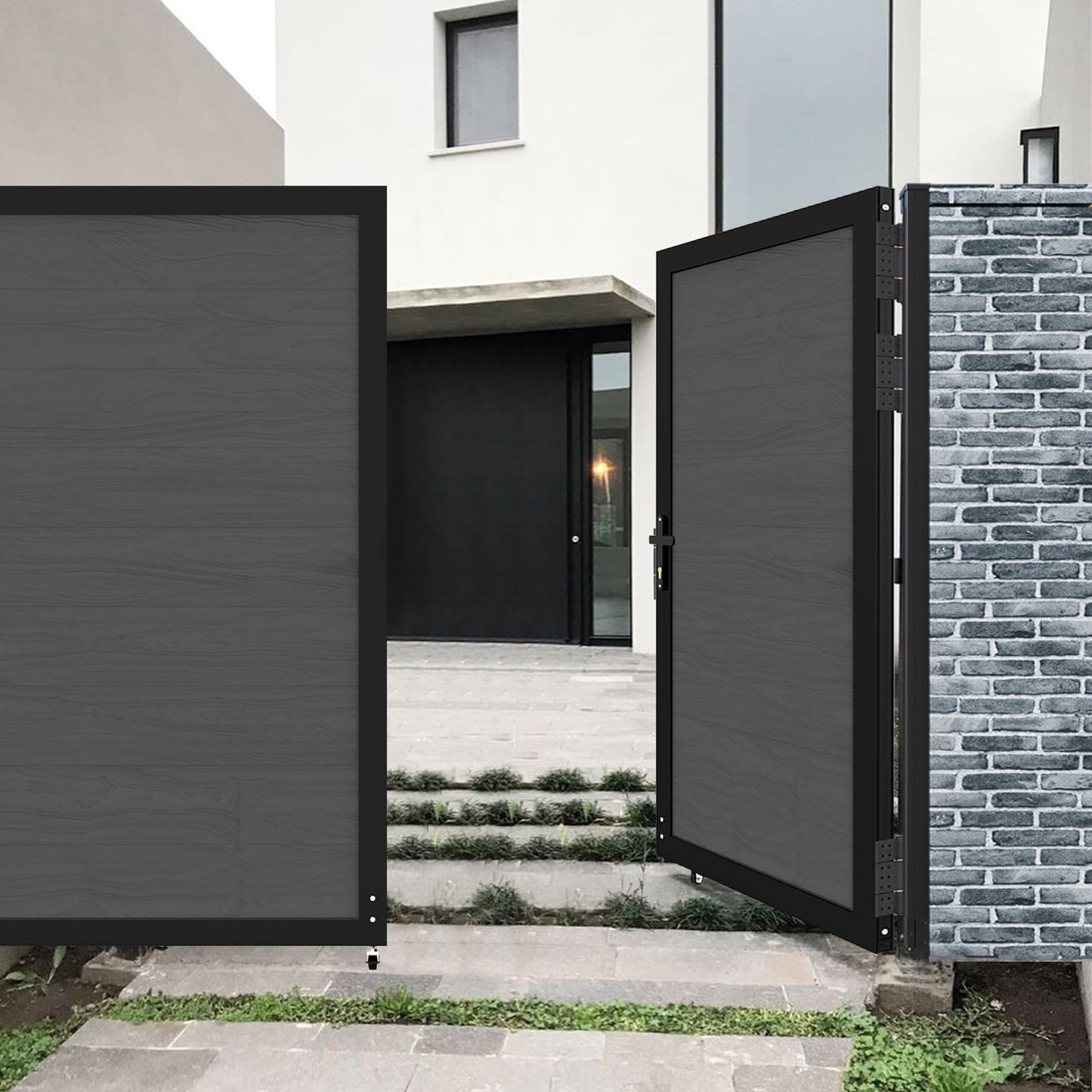 Treslam Wood Plastic Privacy Double Fence Gate 6ft(H) x 8ft(W), Metal Frame with Knob Kits, Durable Composite Outdoor Gate,Silver Gray