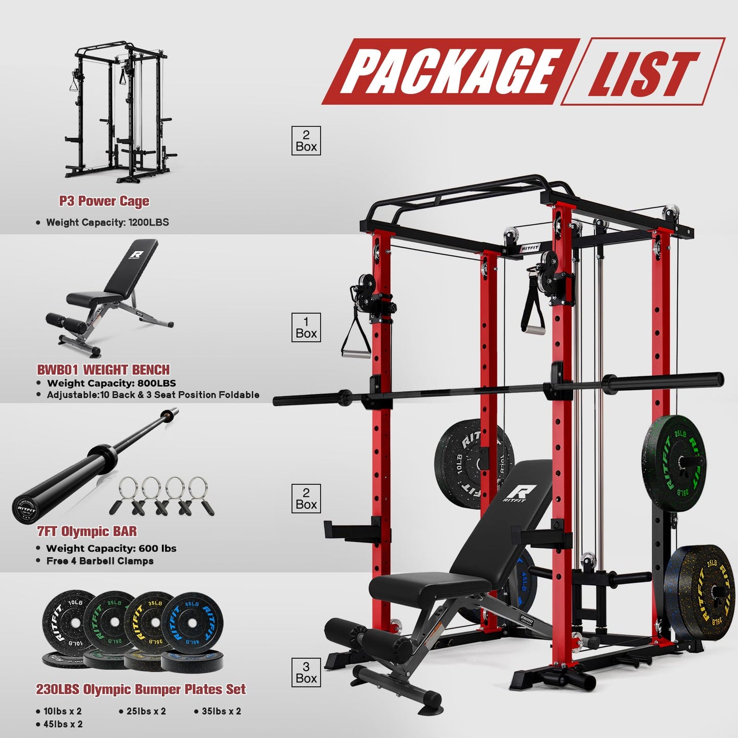 RitFit Squat Rack Power Cage Home Gym Package, Includes 1200LBS Power Rack with Cable Crossover System, Weight Bench, Weight Plate Set with Olympic Barbell (Package 1.7K (Pink Plate 260LBS))