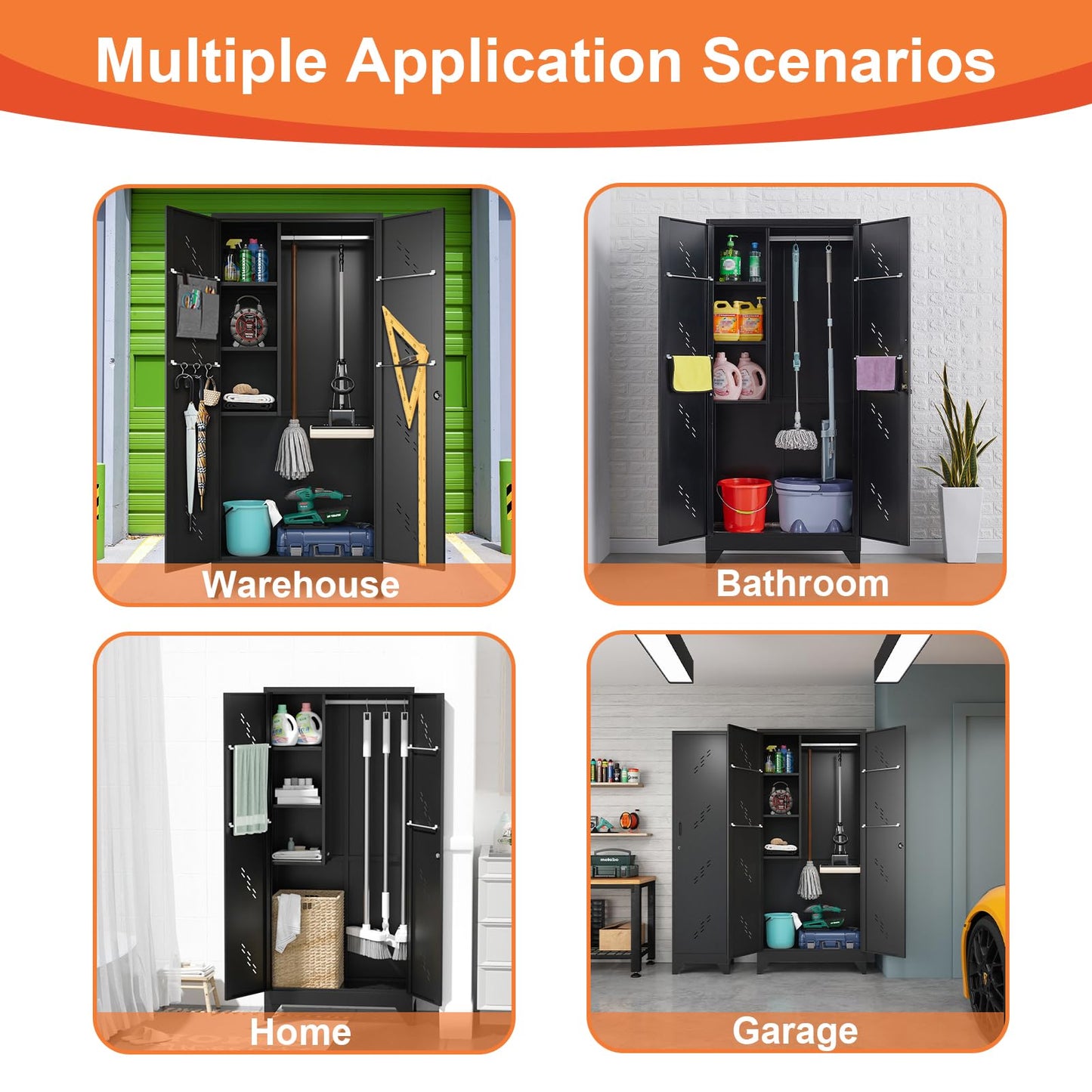 CBNTKI 75" Metal Garage Storage Cabinet, Cleaning Tool Storage Cabinet, Utility Garage Storage Broom Closet with Doors, Hanging Rod (Black, Door-2)
