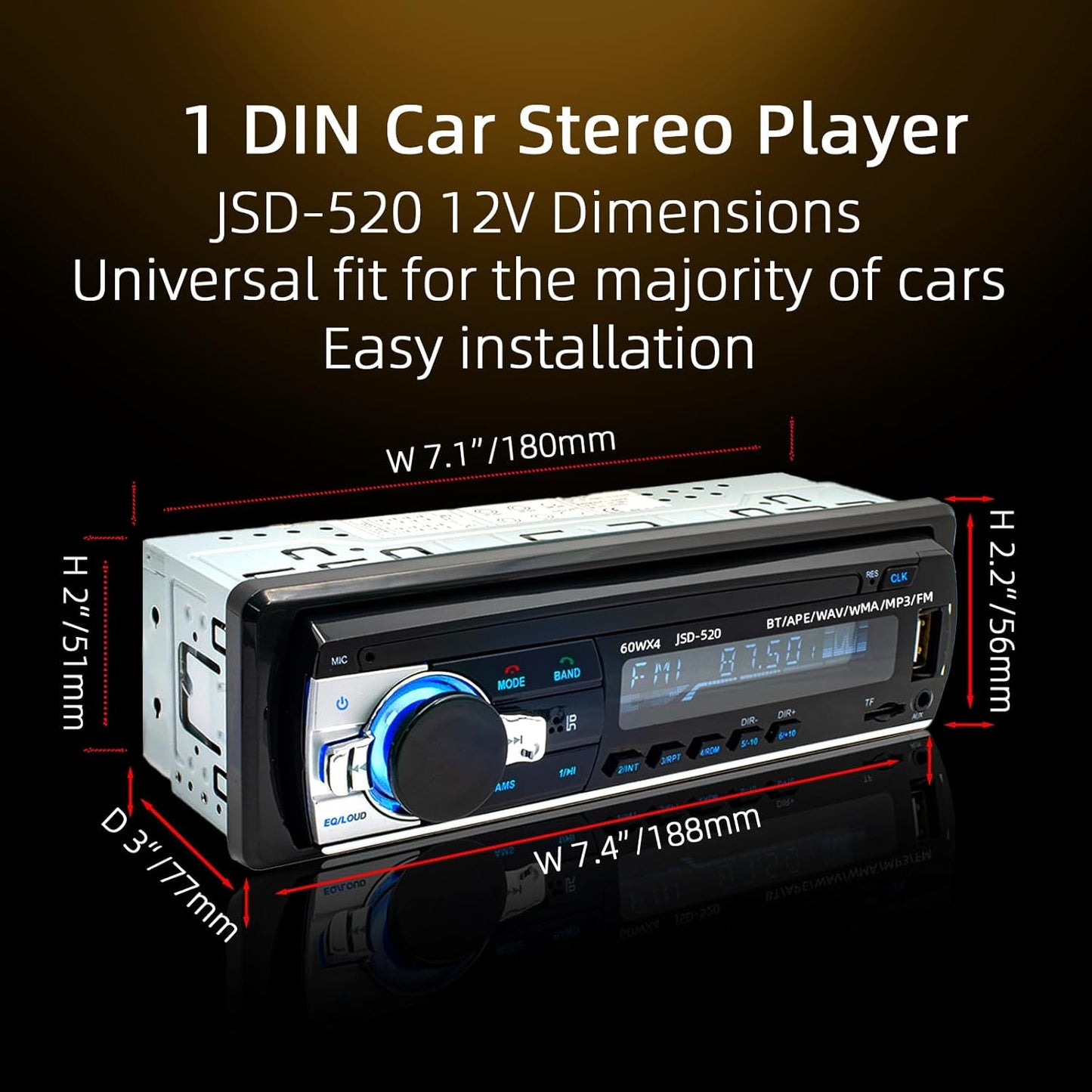 Auroky JSD-520 Charging/MP3/AUX/TF, Car Stereo Audio Single Din Bluetooth Handsfree FM Radio Receiver USB No CD Player
