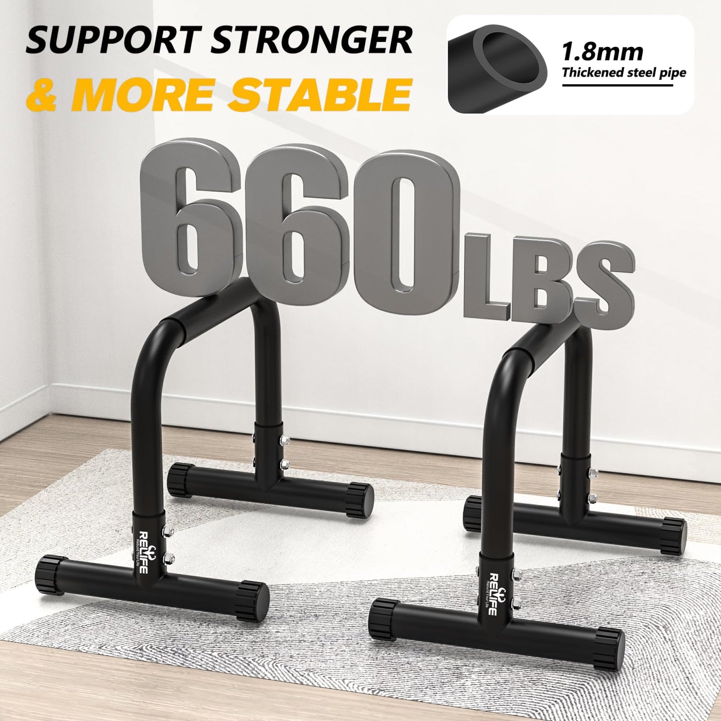 RELIFE REBUILD YOUR LIFE Push Up Bar,14in High Steel Parallettes Bars,Dip Station Strength Training At Home Gym Workout.Calisthenics Parallel for L-Sit, Full Planche & Dips, Gymnastics.(Black-03)