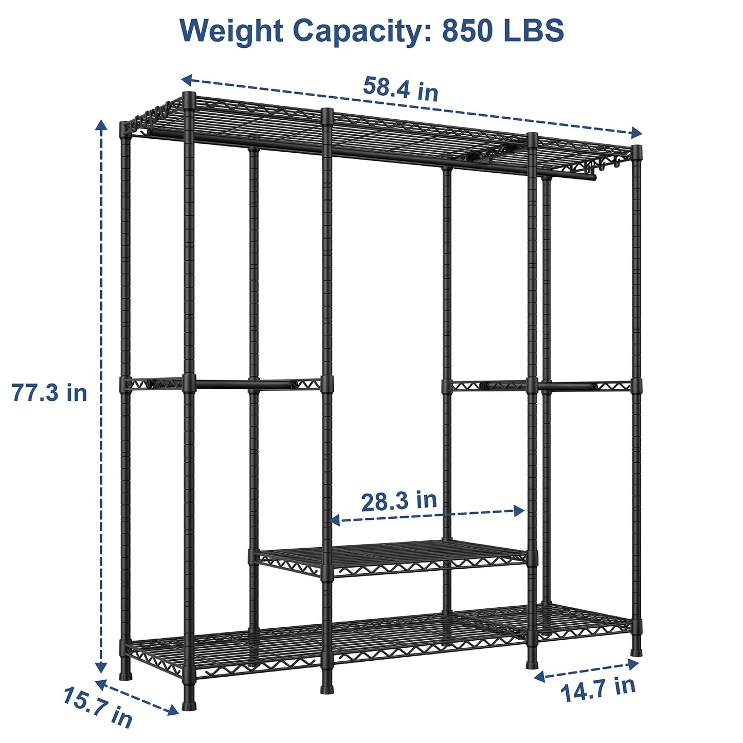 Ulif E3 Heavy Duty Garment Rack, 4 Tiers Freestanding Closet Organizer System with 5 Shelves, Metal Closet Organizer and Storage System for Clothes, Max Load 850lbs, 58.4"W x 15.7"D x 77.3"H, Black