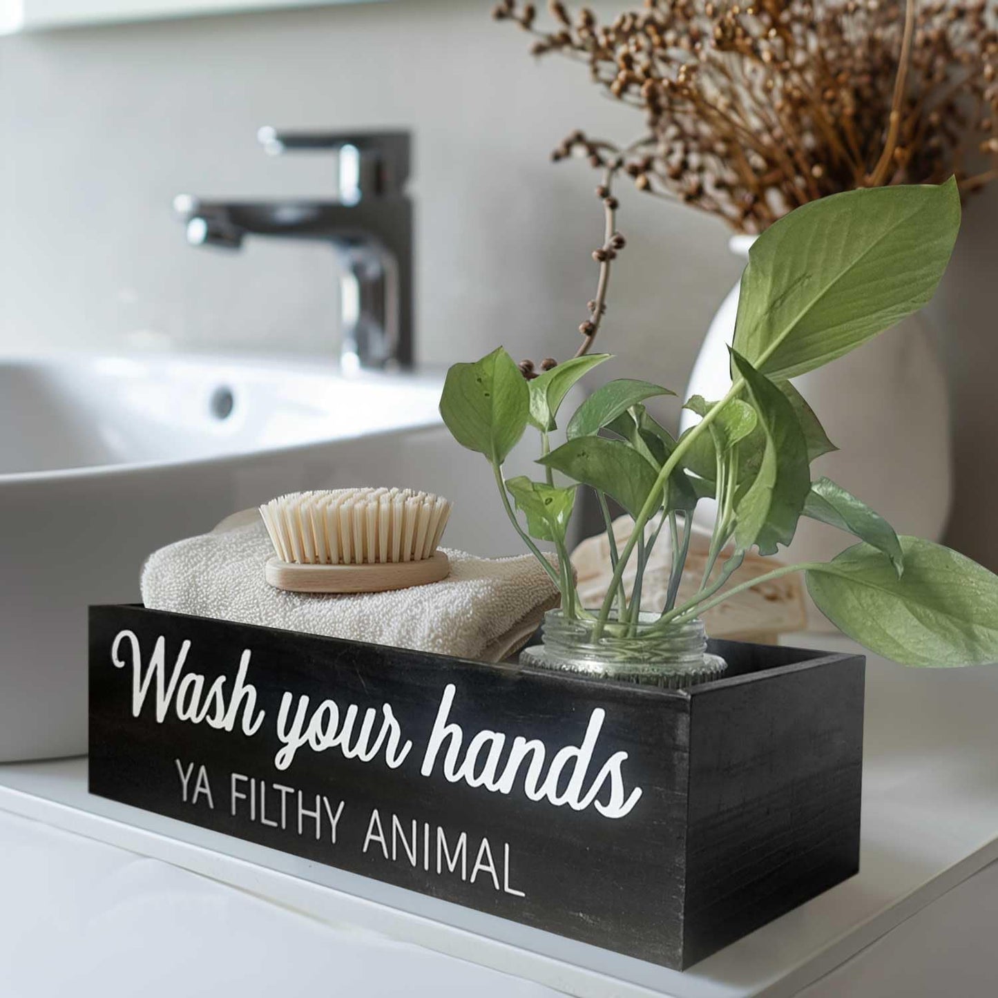 Skiennix Bathroom Decor Box - Rustic Toilet Paper Basket with Farmhouse Signs | Black Color