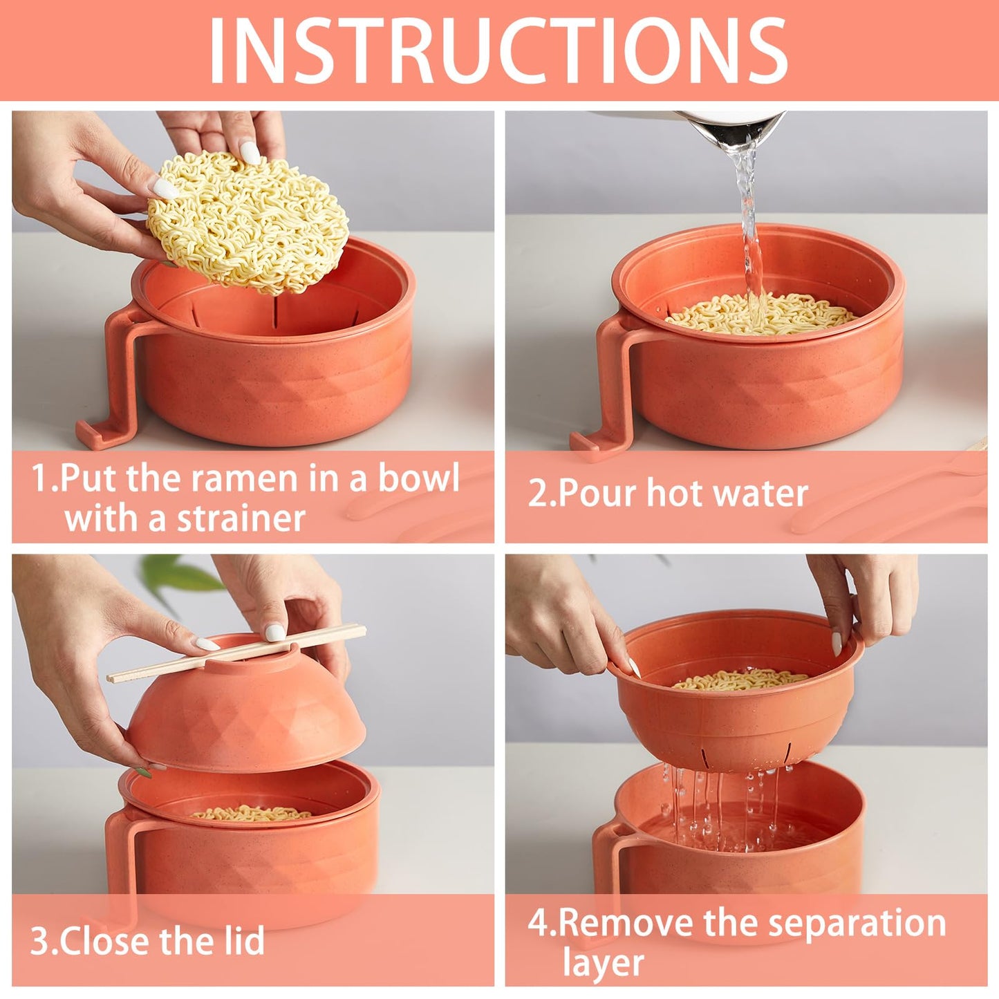 Romooa 4 Sets Microwave Ramen Cooker Set 33 oz Quick Ramen Bowl Set Microwave Noodle Cooker with Handle Noodle Bowl with Spoon Chopsticks Fork College Dorm Room(Multicolor)