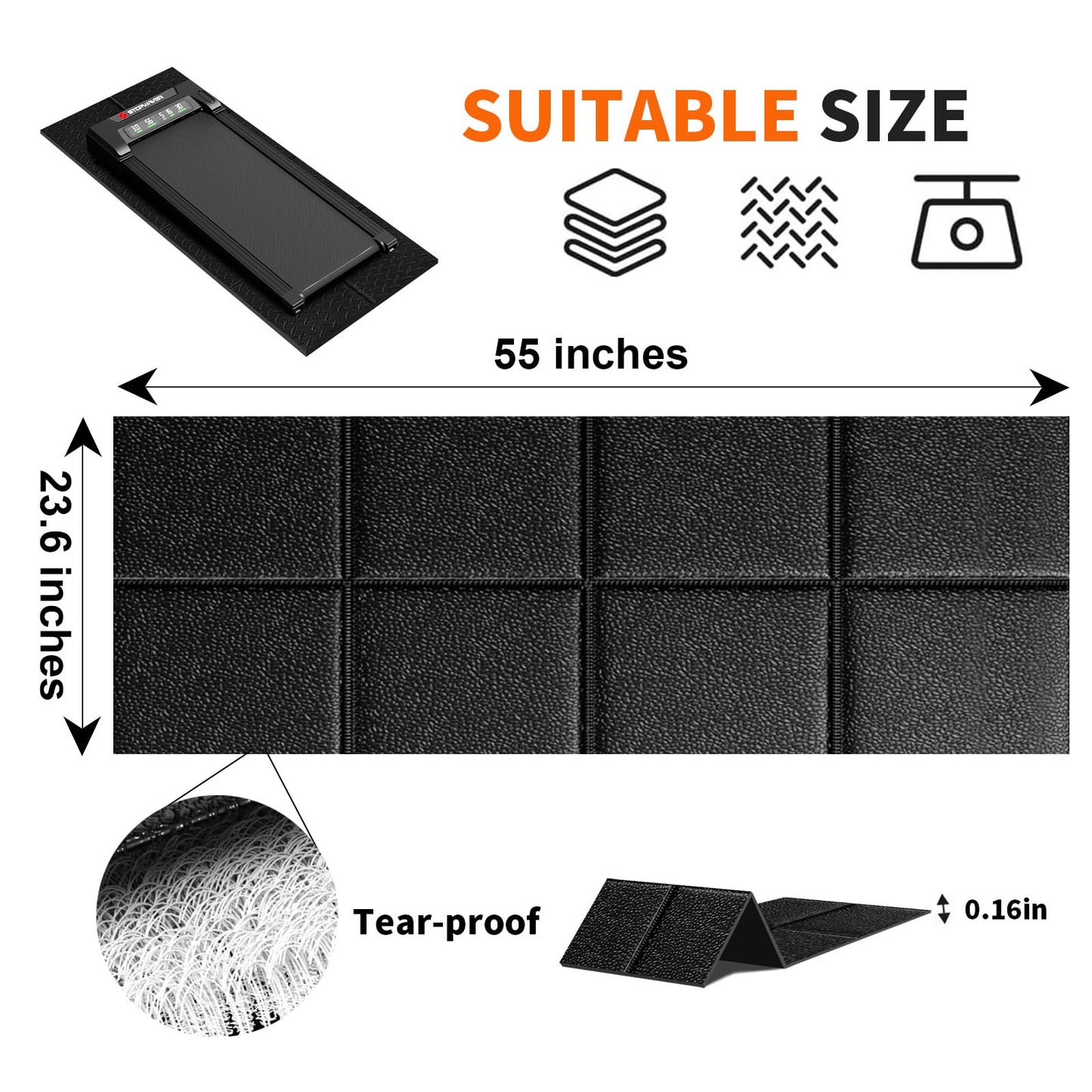 Stepwaver Walking Pad Mat for Carpet, Walking Pad Mat for Hardwood Floors, High Density, 0.16" Thickness, Folable, Floor Protection for Bike, Elliptical, Treadmill