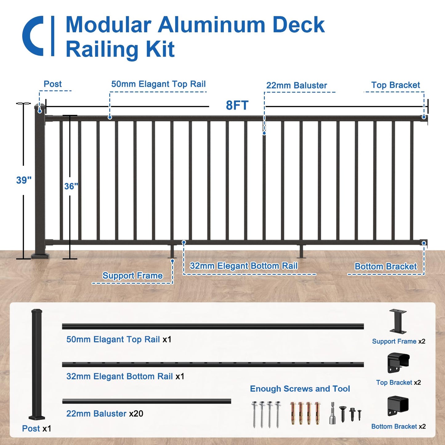 CKE 36 in. H x 8 ft. W Porch and Deck Railing Kit with Post, Aluminum Railing Kit, AAMA 2604 Black Textured Powder-Coat Finish Railing System for Outdoor Decks, Porches & Balconies(1 Post, 1 Panel)