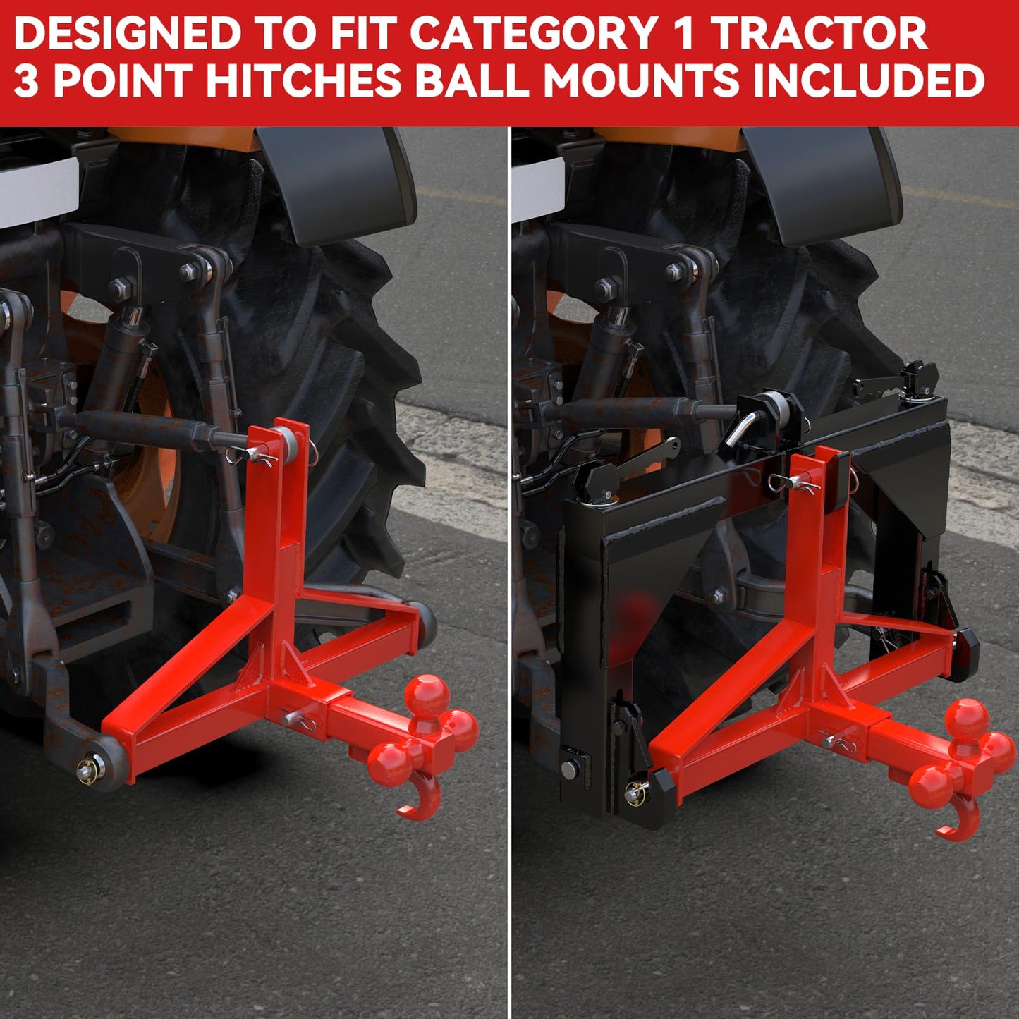 Red 3 Point Trailer Hitch with Receiver and Ball, Tractor Mover Drawbar, Farm Equipment and Subcompact Trailer Hitch for Tractor Standard Category 1