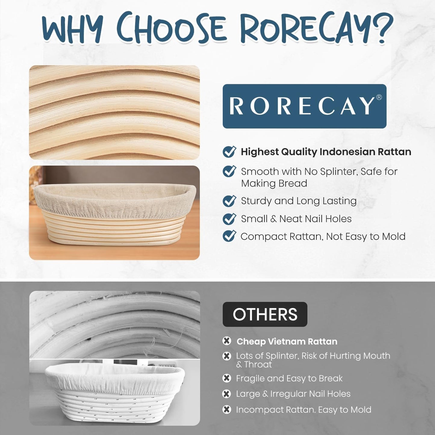 RORECAY Proofing Basket Set - 9" Round & 10" Oval Cane Baskets with Dough Whisk & Scrapers for Sourdough Baking