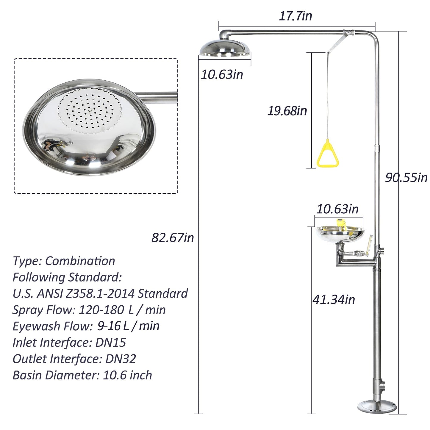 AIWFL 304 Stainless Steel Eye Wash Station, Emergency Shower Eyewash Station, Combination Eye Wash Shower Station for Industrial & Commercial Use, NPT Threads, with Eyewash Sign