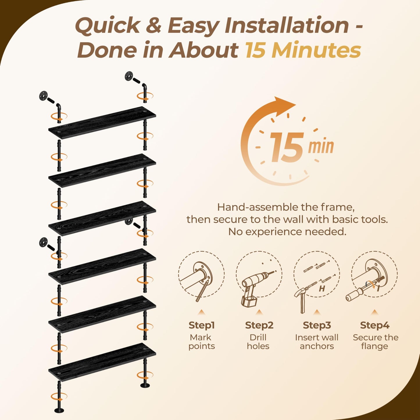 Anynice 6 Tier Industrial Ladder Shelf Bookcase, Wall Mounted Rustic Bookshelf for Living Room Decor and Storage (Black, 6 Tier - 10" D x 48" W x 82.5" H)
