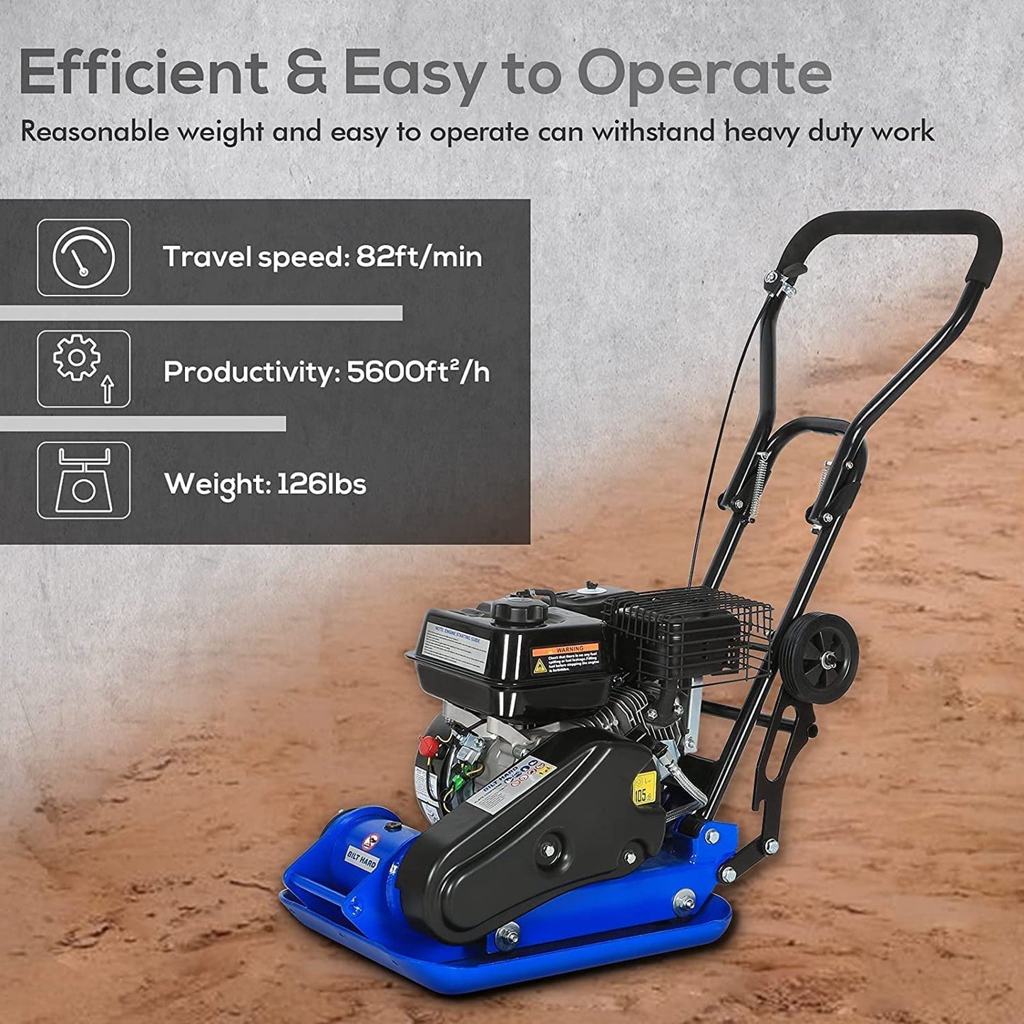BILT HARD Plate Compactor Rammer, 6.5HP 196cc Gas Engine 5500 VPM 2500 lbs Compaction Force, 21 x 14.5 inch Plate, Ground Compactors for Paving Landscaping Sidewalk Patio, EPA Compliant