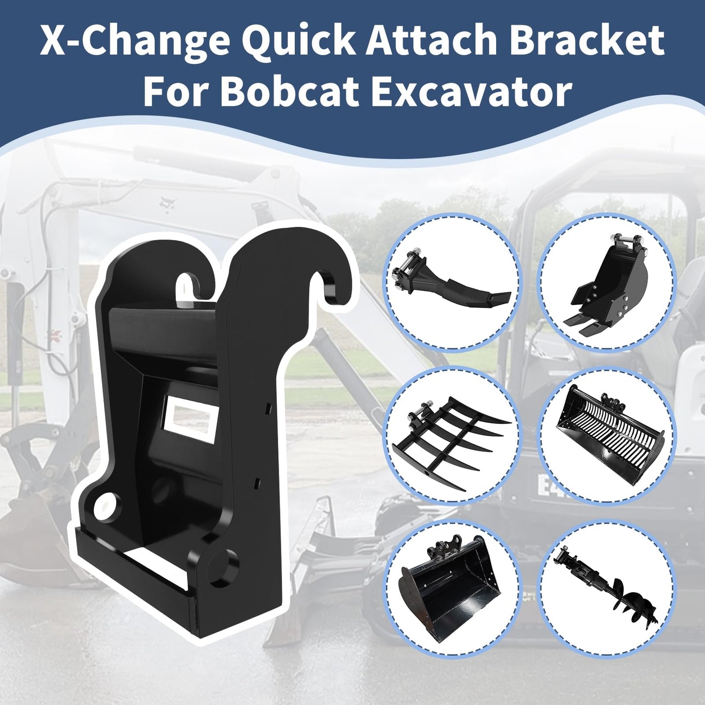 X-Change Quick Attach Coupler Bracket for Bobcat E-Series Mini Excavators - Black Coated Steel Bucket Coupler (X-Change Quick Attach Coupler Bracket)