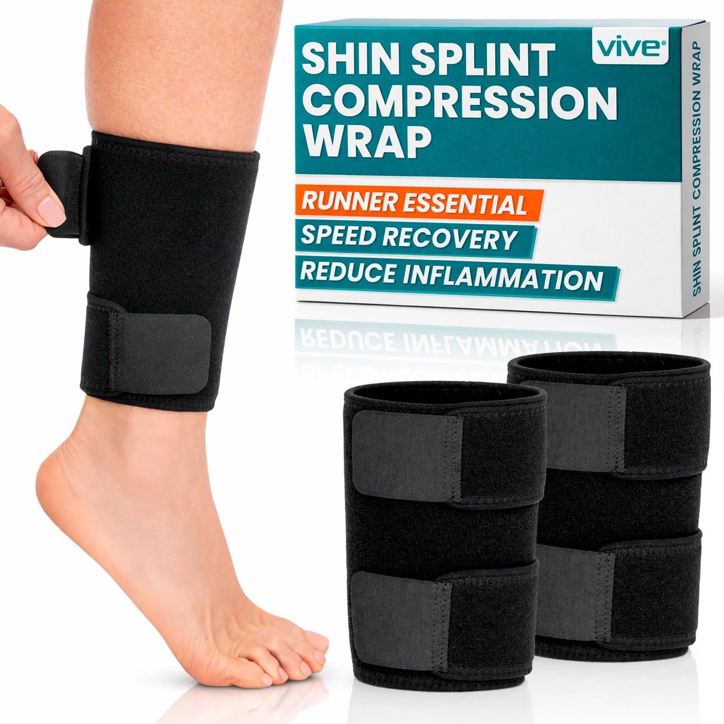 Vive Shin Splint Compression Wrap (Pair) - Adjustable Brace for Pain Relief, Support and Recovery - Lower Calf Compression Sleeve - for Medial Tibial Stress Syndrome and Anterior Shin Splints (Black)