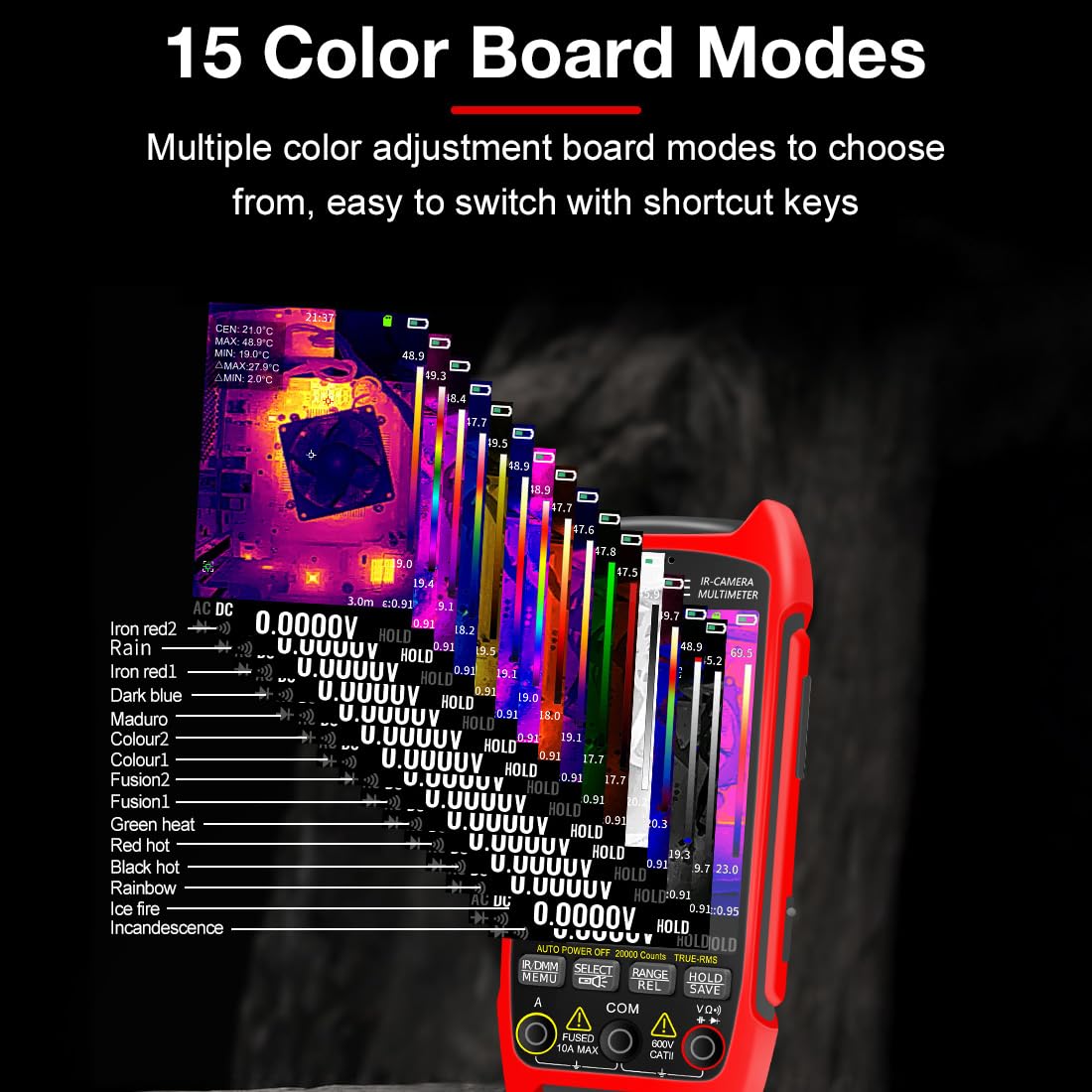 2 in 1 Thermal Imaging with 20000 Counts Multimeter Function Infrared Camera Pixels ISR256x192 Image Resolution 427x320 3.5 inch LCD -20℃ to 550℃ Temperature Range 15 Color Modes