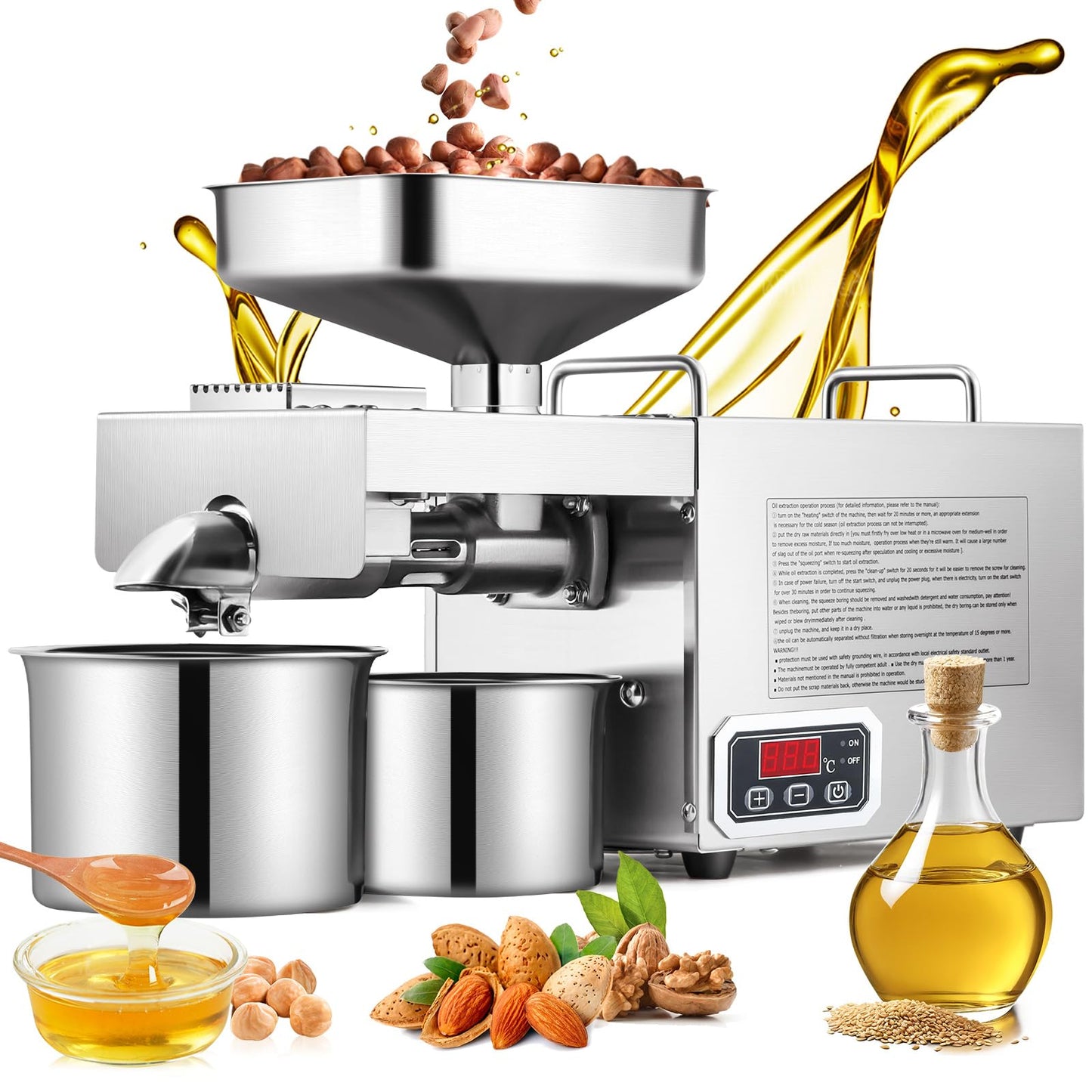 CGOLDENWALL 1500W Commercial Oil Press Machine Oil Extractor Expeller with Intelligent Temperature Controller/Industrial Motor/All Stainless Steel/CE (110V, US Plug)