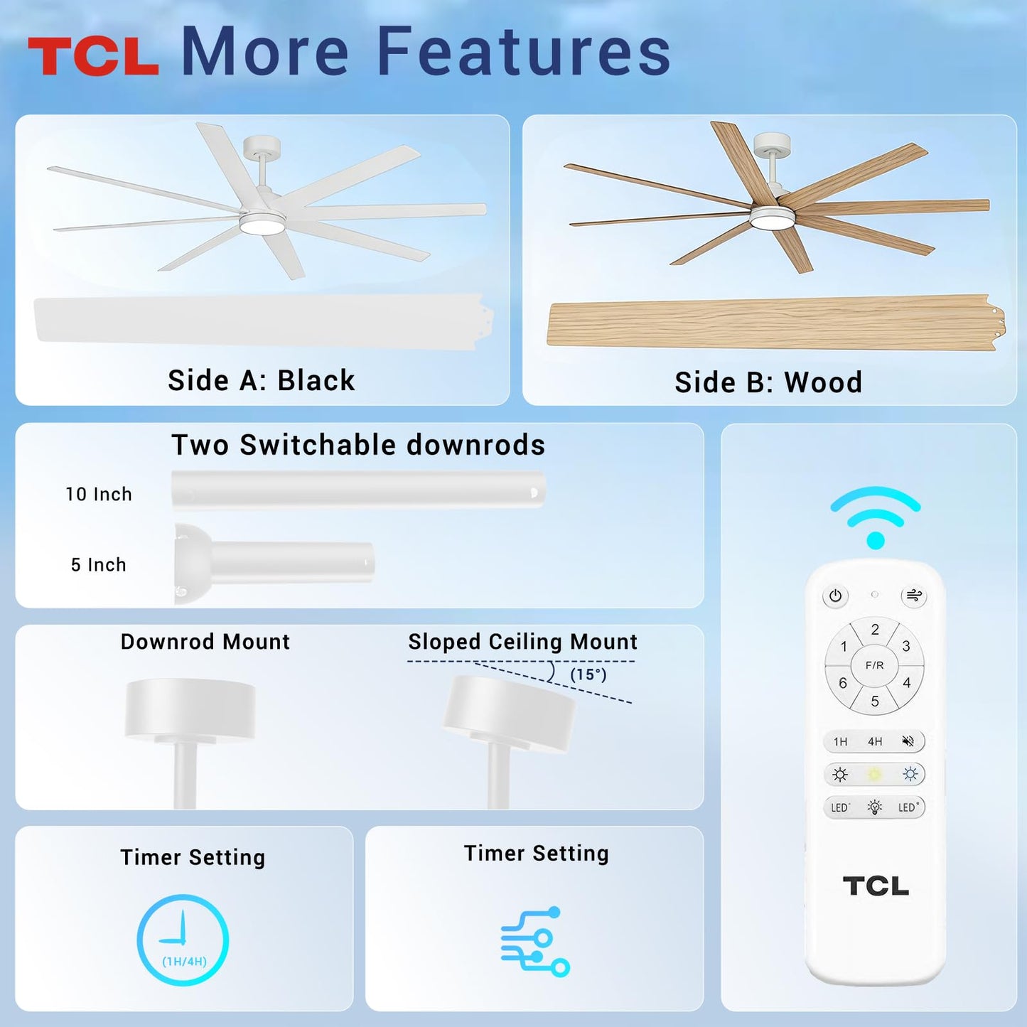 TCL 72 Inch Large Ceiling Fans with Lights and Remote, Quiet Modern Ceiling Fan, 3 CCT Dimmable Remember LED Reversible 8 Dual Side Blades for Living Room Patio Garage Indoor/Outdoor (white, 72)