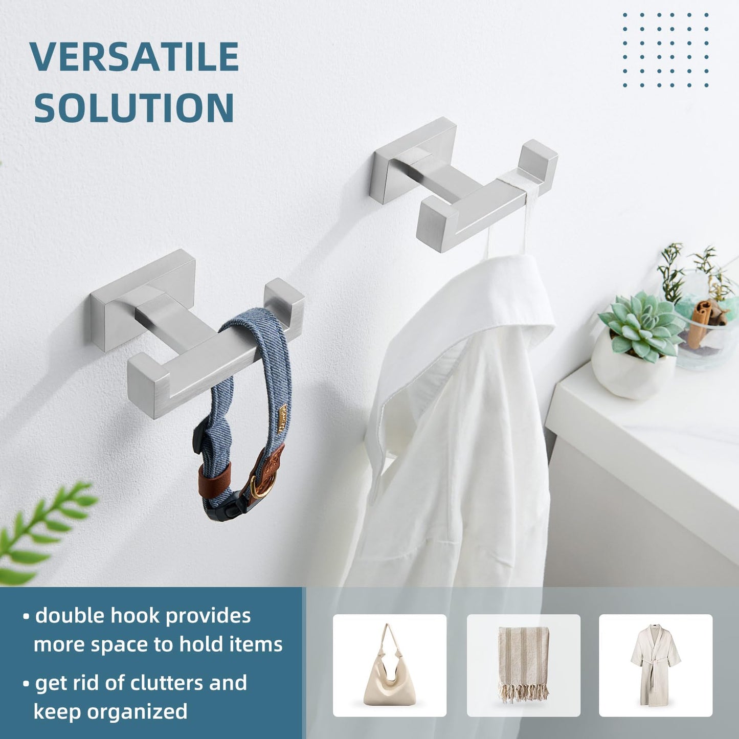 Angle Simple Bathroom Double Hook 2 PCS, SUS304 Stainless Steel Hand Towel Holder, Bath Towel Hanger, Modern Robe Hook for Wall, Brushed Nickel