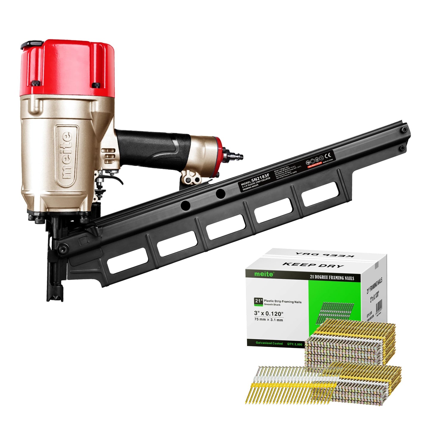 meite SN2183F 21 Degree Framing Nailer with 3 Inch x 0.12 Inch Galvanized Nails 2,000PCS, Air-Powered Framing Nail Gun for Wall Studs Pallet Sheathing Roof Decking