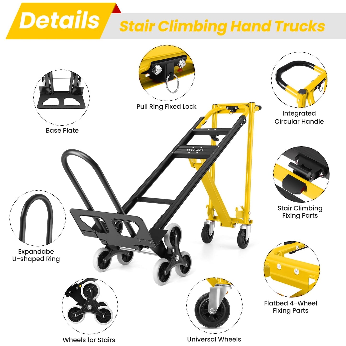 Heavy Duty Stair Climbing Hand Truck - 1000 LBS Capacity 4-in-1 Convertible Dolly Cart, Foldable Platform Utility Cart for Moving Boxes, Industrial Grade Steel Construction(Yellow)