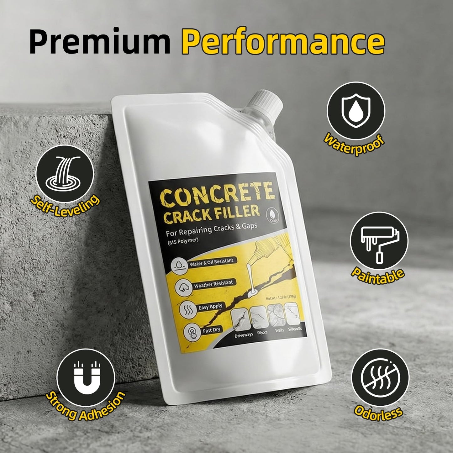Pack of 4 Self Leveling Concrete Crack Filler, Cement Crack Filler, Waterproof & High Elasticity, Concrete Slab Repair for Driveway, Patio, Garage Floor, Sidewalk, Pool Deck (20 oz)