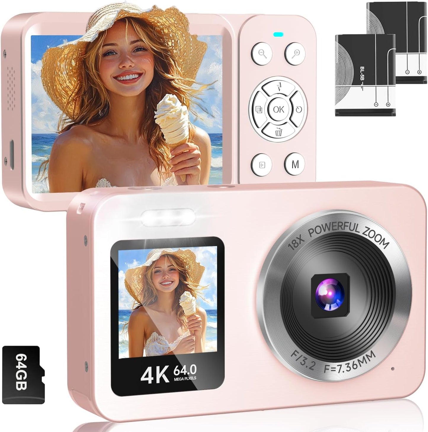 WABL 4K 64MP 18X 64GB 2 Pink Digital Camera, UHD Dual Screens Camera, Zoom, Portable Small Point and Shoot Digital