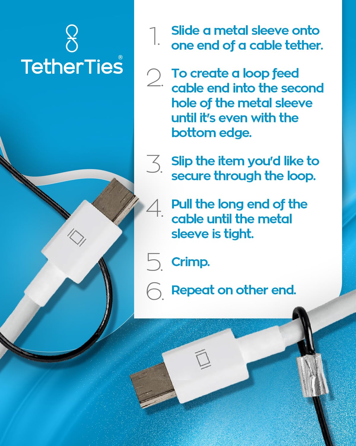 TetherTies Cable Organization, DIY Tether Kit - Customizable Cable Tethers for Computers, Adapters & Dongles - Easy Self Installation Tether Cables with Free Crimping Tool (White 60 Pk, 12 inch)