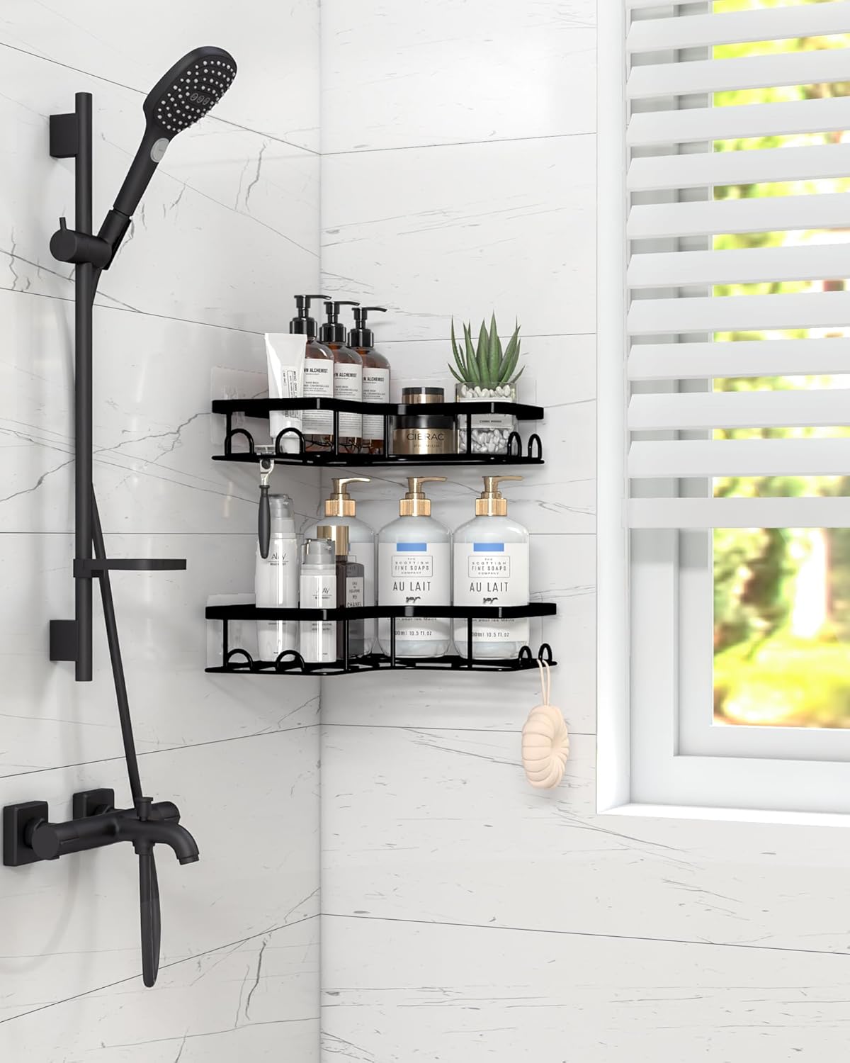 Sakugi Corner Shower Caddy - Rustproof Stainless Steel Organizers with 8 Hooks | No-Drill, Space-Saving, Black, 2 Pack