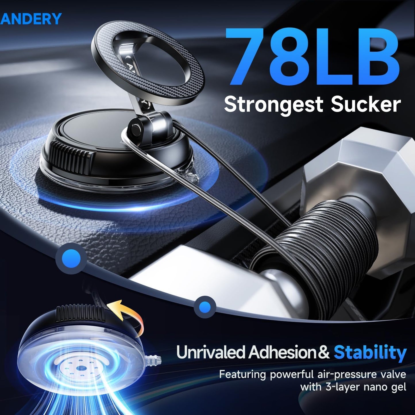 ANDERY [78+LBS 2400gf 360 17-12 Car Phone Holder for Magsafe Strongest Suction & Strongest Magnetic] Adjustable Car
