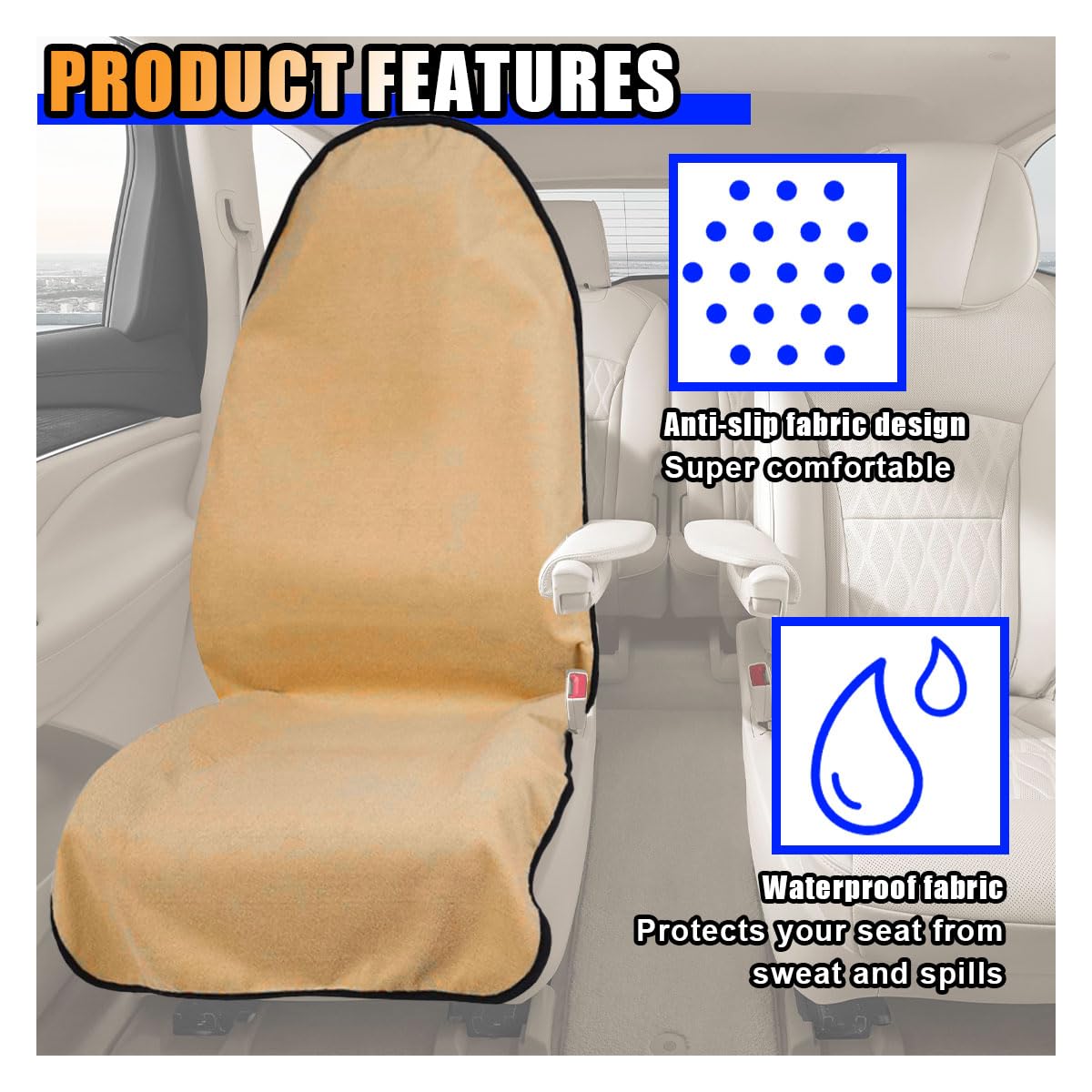LAINLOY Sweating Car Seat Cover, Non-Slip Waterproof Bucket Car Front Seat Protector for Post Gym Workout, Beach and Hiking, Washable Seat Cover for Car SUV Truck (Beige)