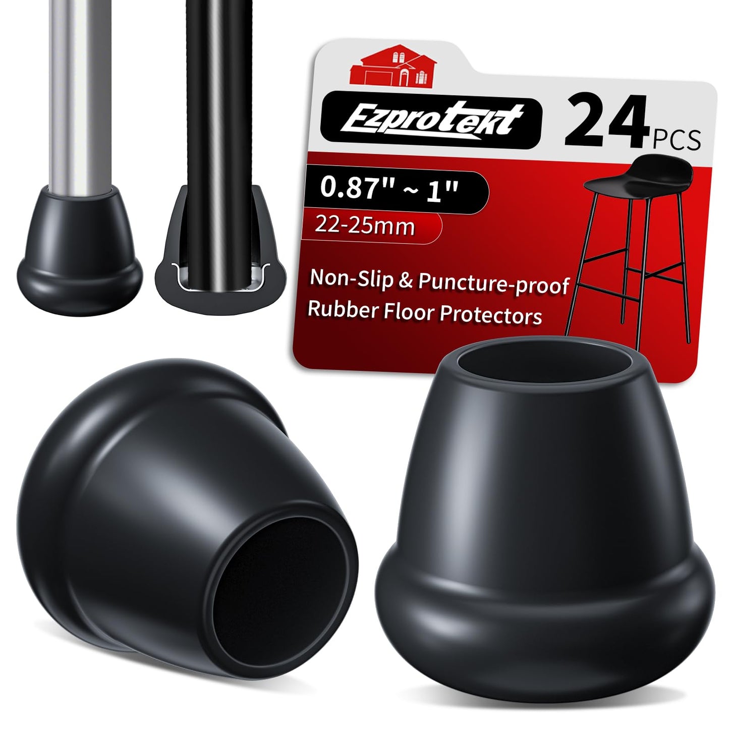 Ezprotekt 1" Rubber Chair Leg Caps, 24 Pcs Round Non-Slip Chair Leg Floor Protectors, Furniture Stool Leg Feet Covers for Bar, Tables, Patio Metal Legs, Black (M Fit: 0.87" - 1")