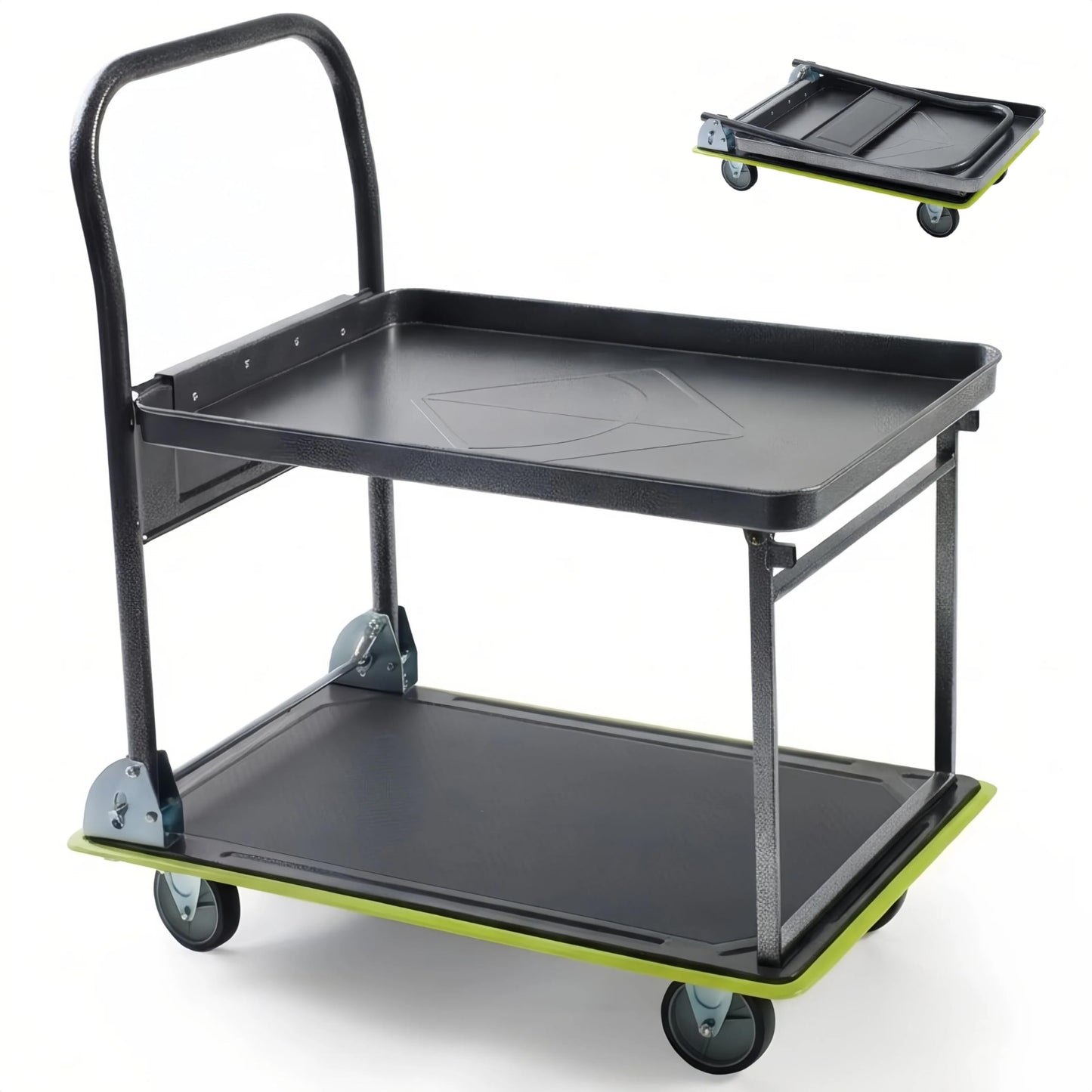 Amarite 2 Tier Platform Truck 700lbs Heavy Duty Push Cart Dolly with 360° Swivel Wheels, Foldable Rolling Flatbed Cart with Detachable Top Shelf for Warehouse and Office, Steel, 28.8" L x 18.5" W