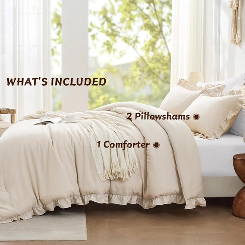 FUANNA Queen Comforter Set - Beige 3-Piece Ruffle Shabby Chic Bedding | Fluffy Lightweight All-Season Comforter & Pillowshams