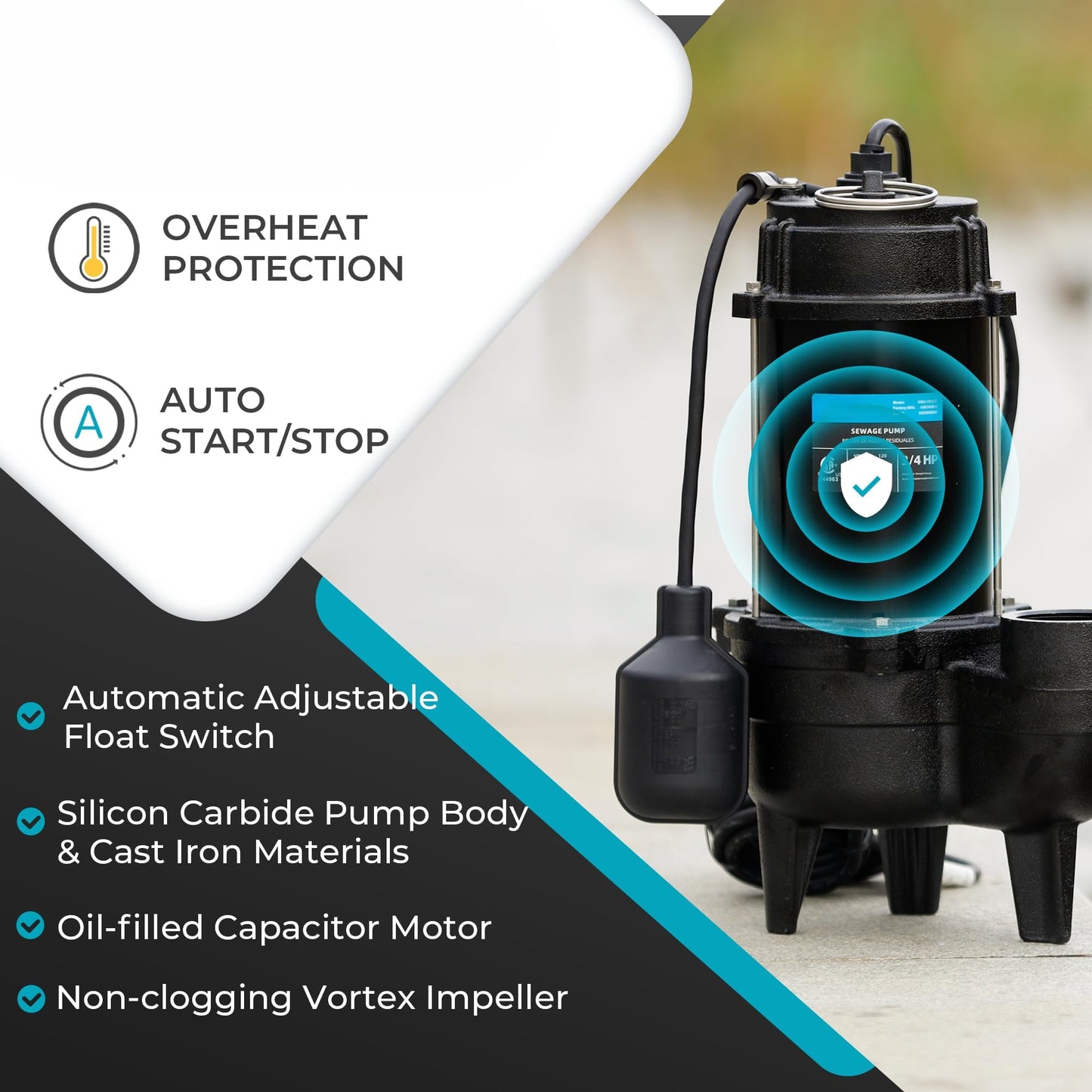 LEO 1/2 HP Sewage/Effluent Pump, 6000 GPH Submersible Basement Sewer Pump with 10ft Auto Float Switch, Cast Iron Sump Ejector, 2'' NPT for Sewage Basin, 115V