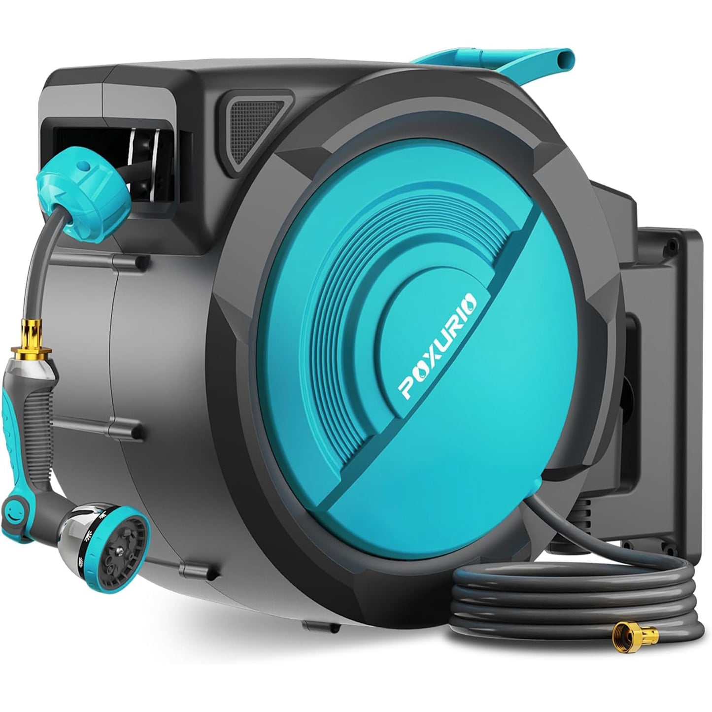 POXURIO 1/2" 110FT Retractable Garden Hose Reel, Wall Mounted Automatic Hose Reel with Upgraded 10 Pattern Nozzle/Any Length Lock/Slow Return System/180°Swivel Bracket, AquaBlue