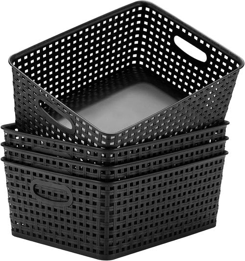 Eslite Plastic Storage Baskets - Organize Your Space | 11" x 8.5" x 4.7" | Pack of 4 (Black)