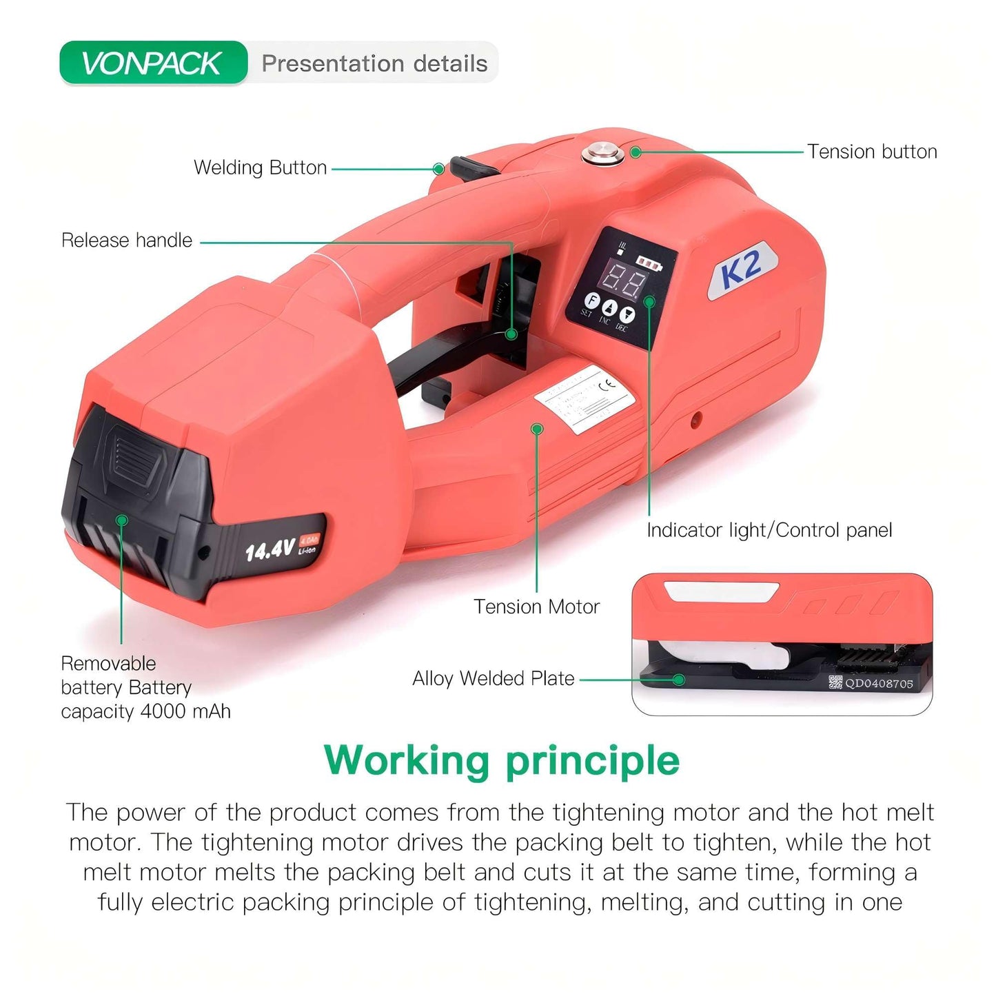 VONPACK Electric Strapping Machine with Digital Display Screen, Strapping Tool for Width 1/2-2/3 inch 1X4000mAh Battery Handheld Banding Tool for PP PET Packaging Machine for Carton Pallet Wood