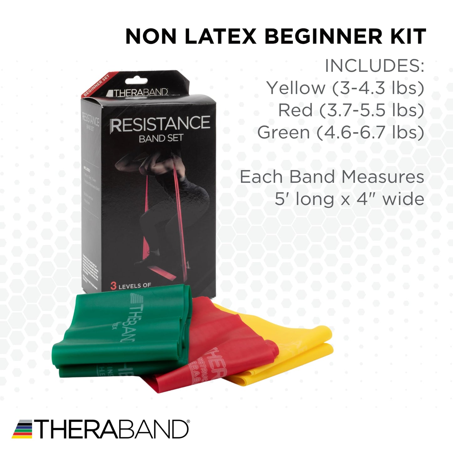 THERABAND Resistance Bands Set, Beginner Kit, Yellow, Red, Green, Non-Latex Elastic Bands for Exercise & Physical Therapy, Strength Training for Upper & Lower Body Fitness
