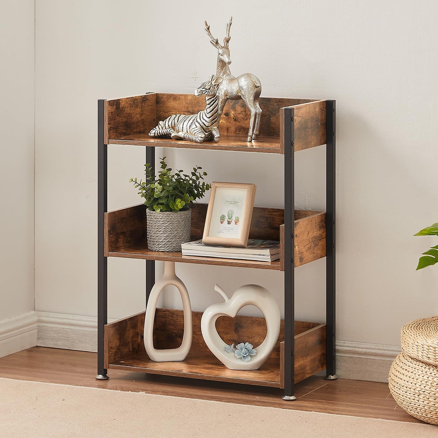 VECELO Bookshelf,Small Bookcase,3-Tier Storage Organizer,Industrial Shelving Unit for Home Office,Living Room,Dormitory,30" H,Retro Brown