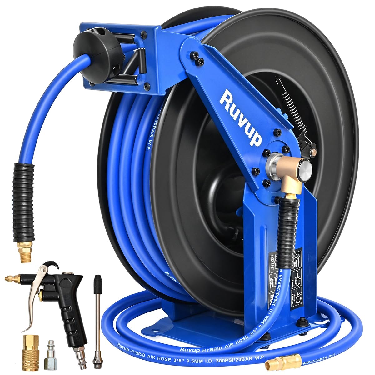 Ruvup Retractable Air Hose Reel, 3/8" x 75ft Air Compressor Tools Hose Reel Auto Rewind Hybrid Hose Max 300PSI with 6.5ft Lead Hose Heavy Duty Steel with 12-Position Ratchet Lock Accessory Kit