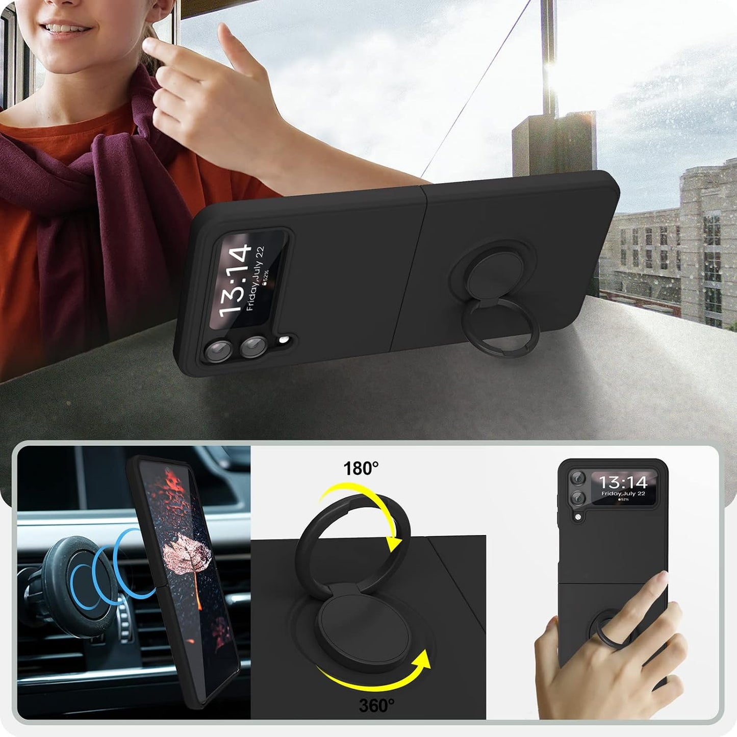 ABITKU 4 360Ring 4 6.7 inch Compatible with Galaxy Z Flip Case, Silicone with Kickstand Holder Microfiber Cloth