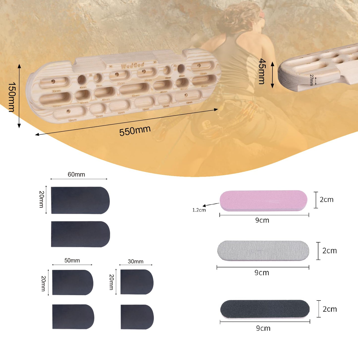 WodGod Climbing Hangboard Rock Climbing Training, Rock Climbing Fingerboard, Wooden Climbing Board Trainer for Strengthen Fingers and Grip, Suitable for Indoor Climbing Training and Pull-ups